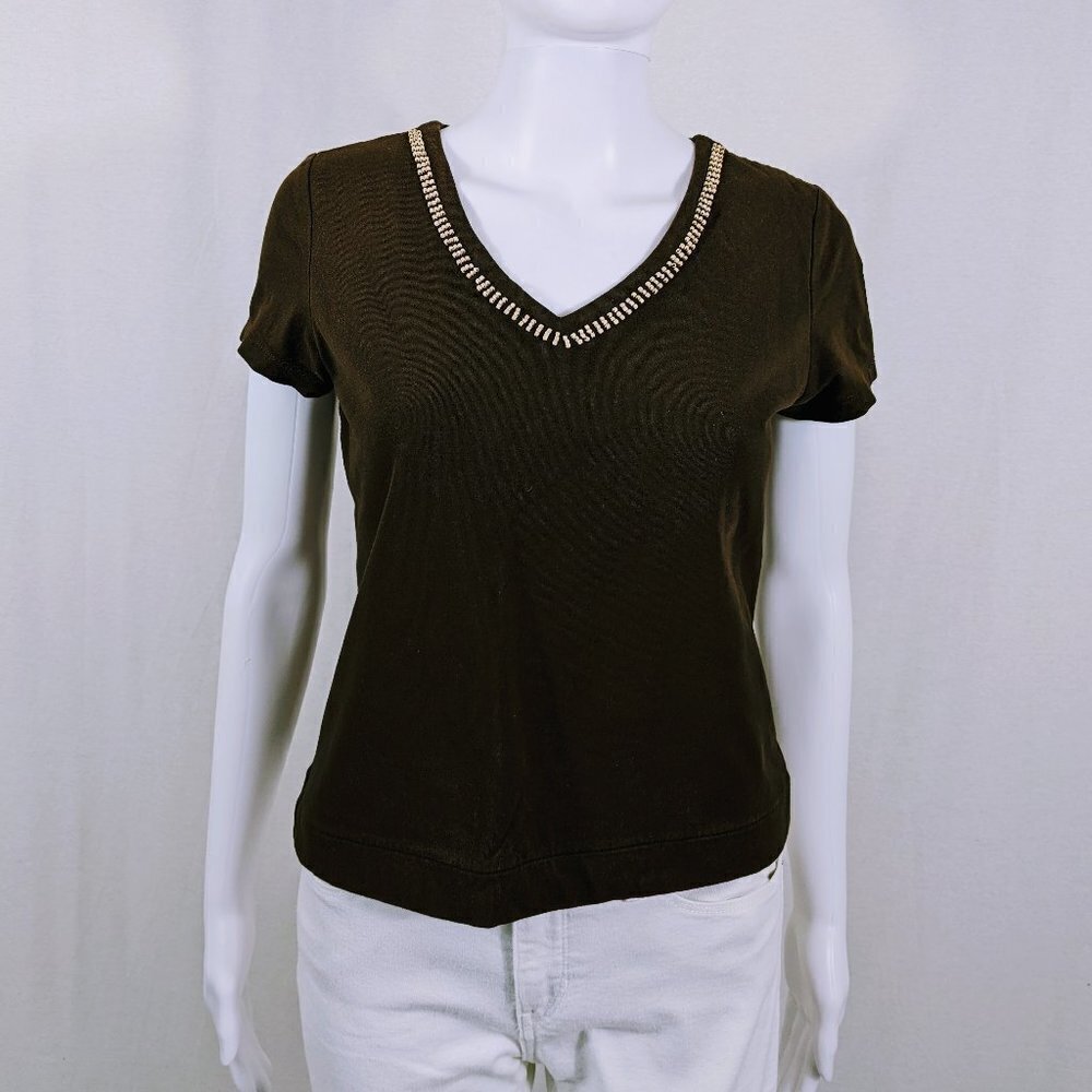 Liz Claiborne Brown Fitted Embellished Short Sleeve Tee